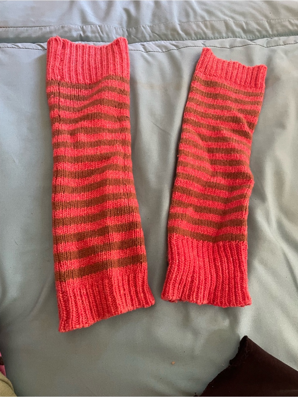 Pink and brown striped leg warmers